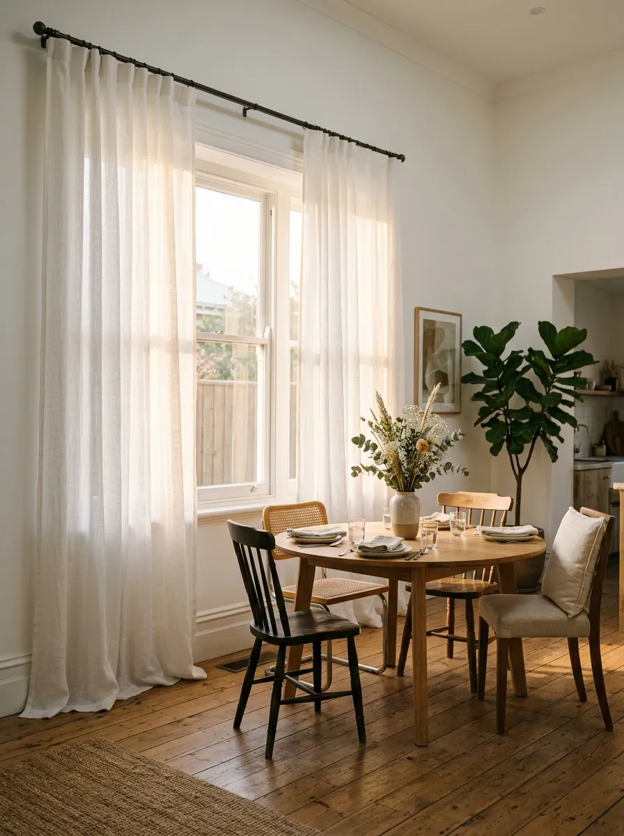 White linen curtain panels pooling at the floor in a sunlit Nancy Meyers dining room style with round table