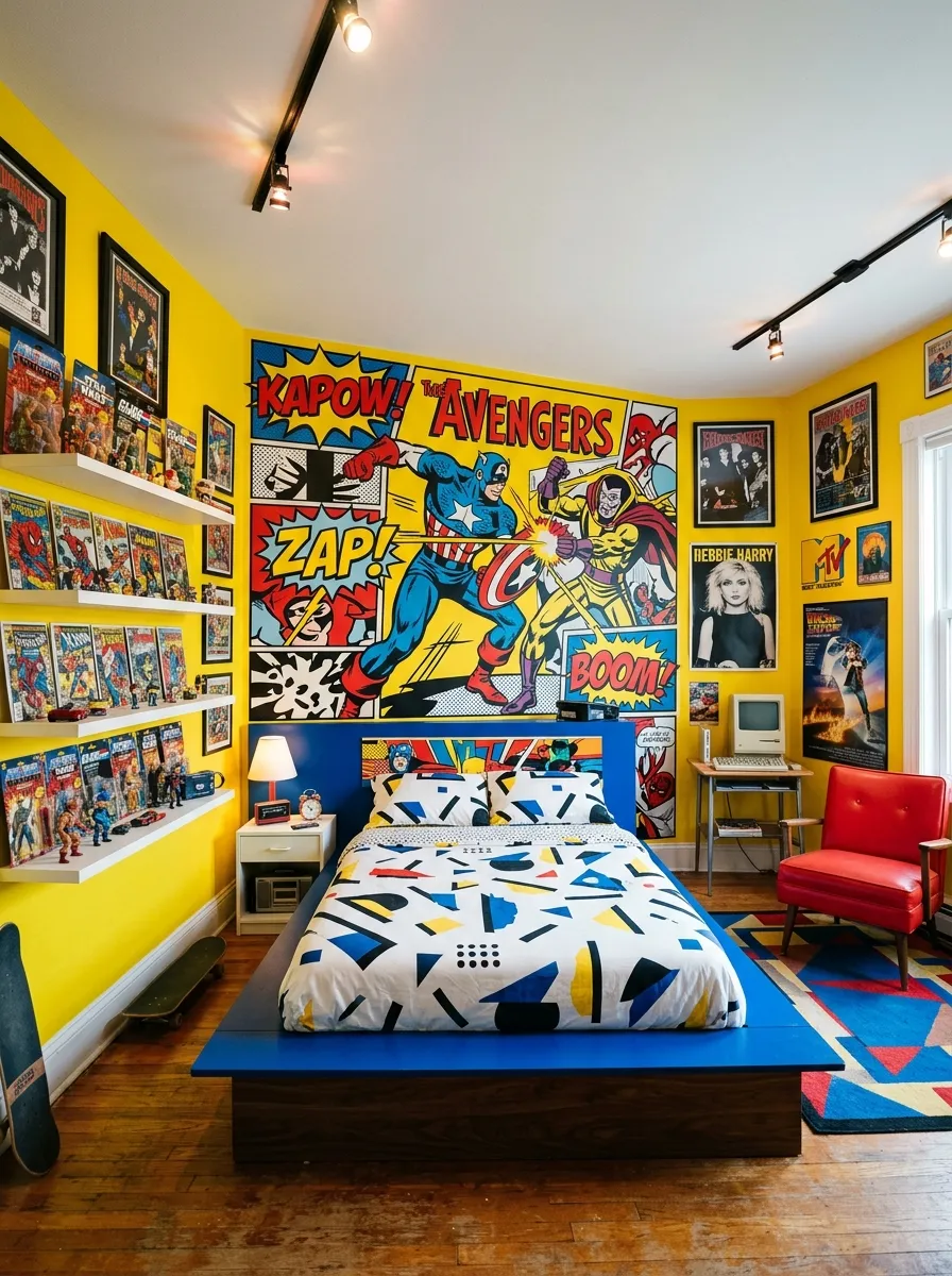 17 80s Bedroom Ideas That Balance Bold Nostalgia, Playful Color, and Modern Design Without Chaos 8 Yellow pop art mural 80s Bedroom with royal blue platform bed, white geometric bedding, and comic book floating shelves in playful atmosphere