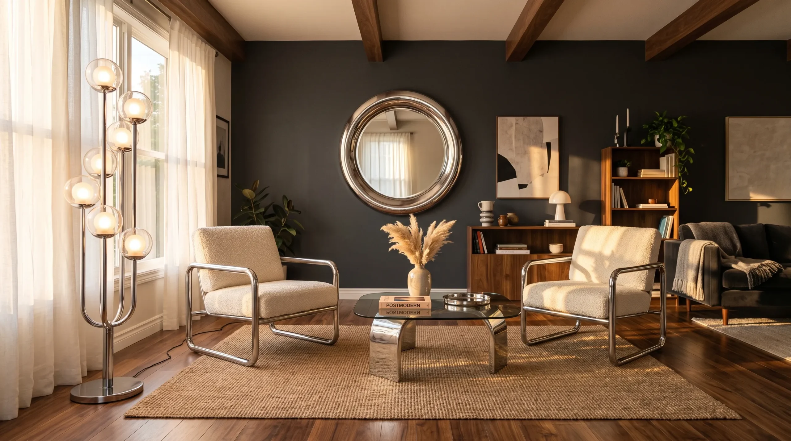 17 Postmodern Chrome Home Decor Ideas Bringing Retro Futuristic Style Back Into Modern Interiors 2 A living room styled with postmodern chrome home decor including a bubble floor lamp, round chrome mirror, and chrome accent chairs