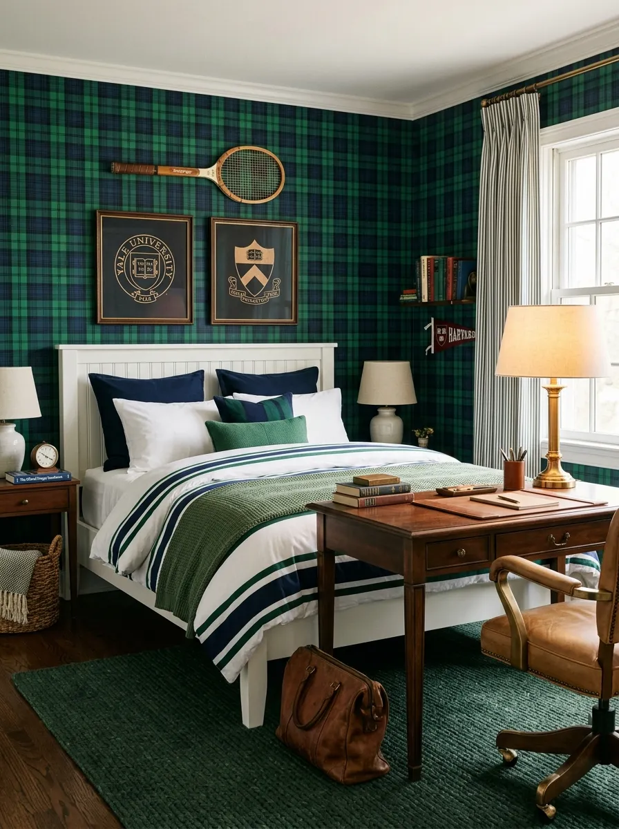 17 80s Bedroom Ideas That Balance Bold Nostalgia, Playful Color, and Modern Design Without Chaos 15 Kelly green and navy plaid retro bedroom with collegiate crest art, mounted tennis racket, and tan leather desk chair in a classic eighties atmosphere