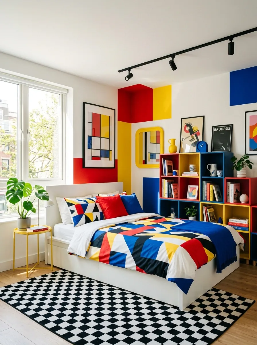 17 80s Bedroom Ideas That Balance Bold Nostalgia, Playful Color, and Modern Design Without Chaos 3 Bold 80s room decor with red yellow and cobalt blue color blocking, white platform bed, and black and white checkerboard rug