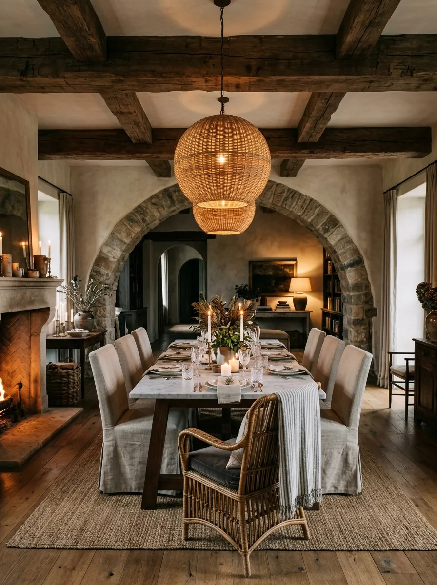 Grand dining room with thick reclaimed ceiling beams and linen slipcovered chairs in a Nancy Meyers home decor style