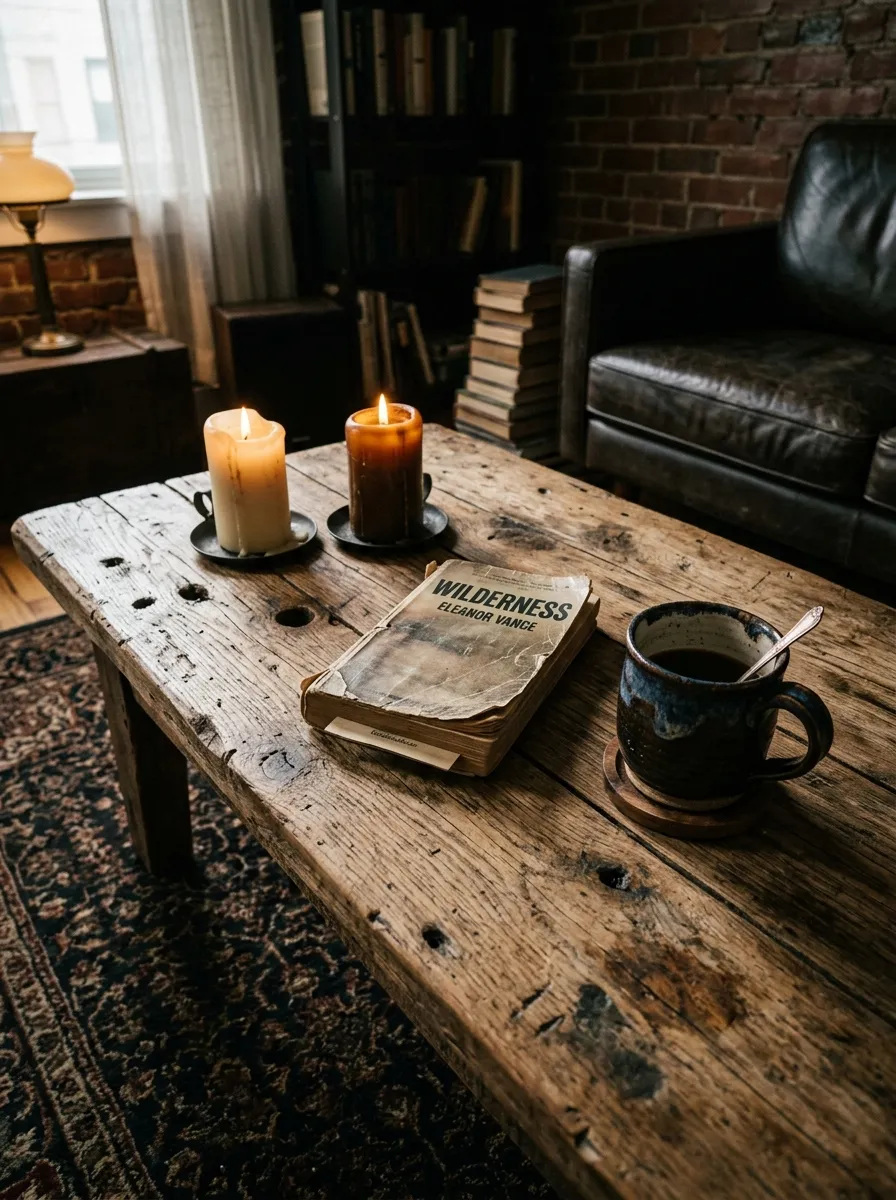 19 Grunge Apartment Ideas That Follow Quiet Design Rules for a Cool, Moody, and Authentic Space 13 Reclaimed distressed wood coffee table with visible grain and knot holes in a grunge apartment with candles and books
