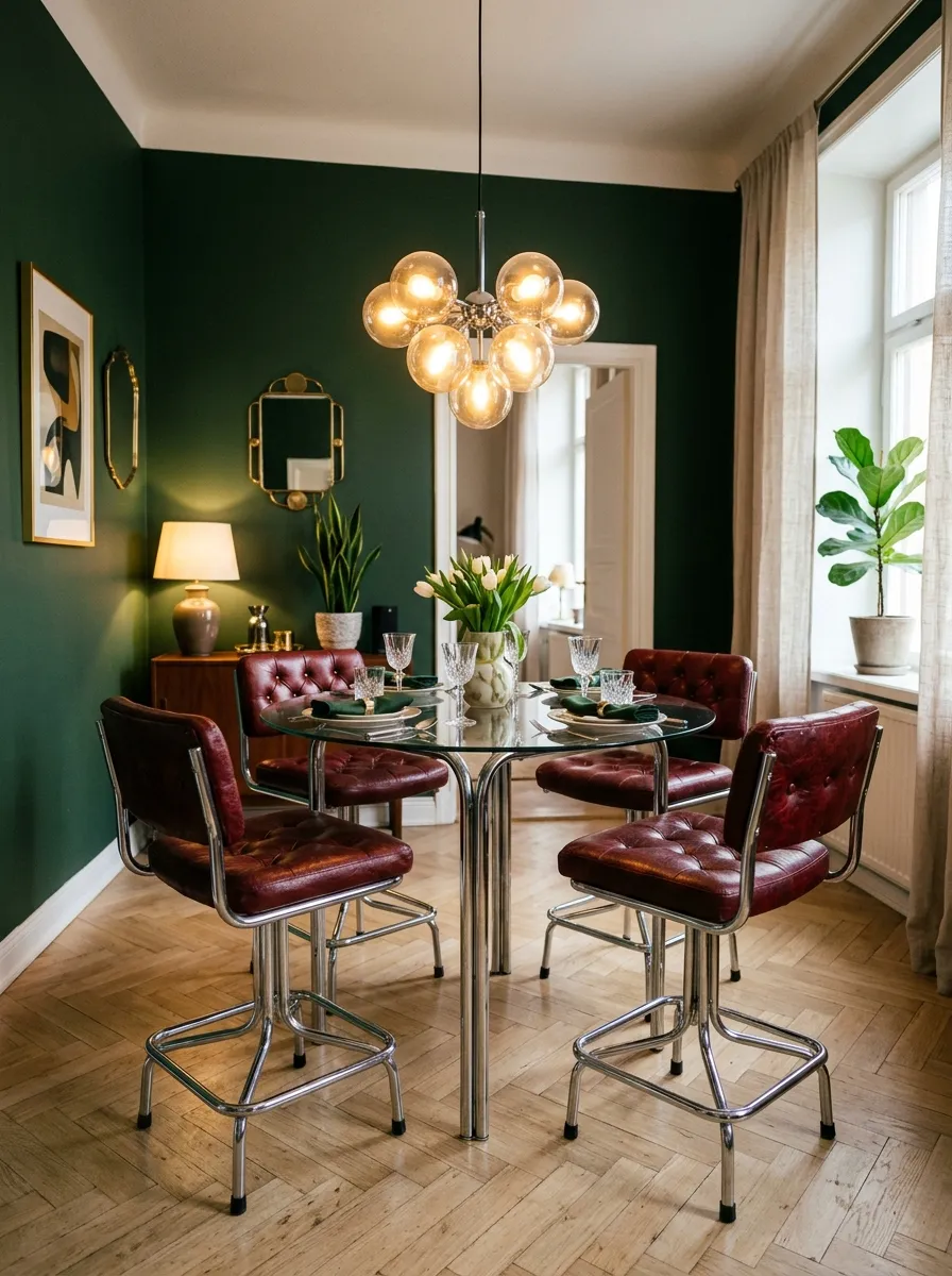 17 Postmodern Chrome Home Decor Ideas Bringing Retro Futuristic Style Back Into Modern Interiors 1 Compact chrome tubular dinette set with oxblood leather barstools and round glass tabletop in a retro glamorous dining nook