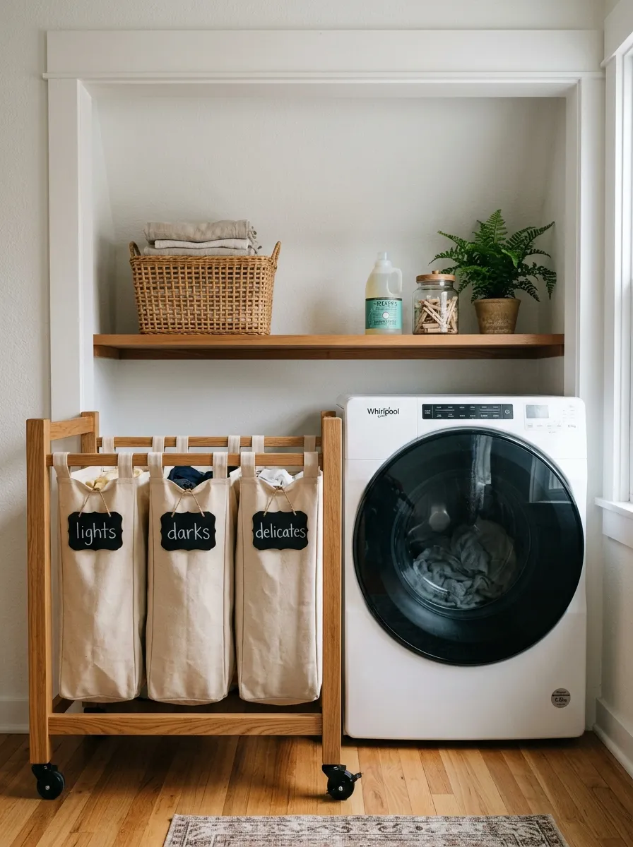 15 Laundry Closet Ideas That Use Thoughtful Design to Solve Everyday Organization and Storage Problems 9 Laundry closet with a three compartment rolling sorter in natural canvas labeled lights darks and delicates beside a washer