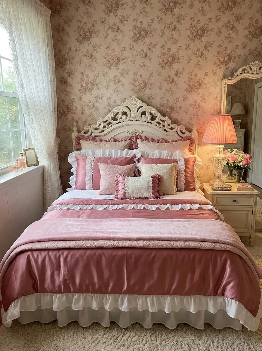 17 80s Bedroom Ideas That Balance Bold Nostalgia, Playful Color, and Modern Design Without Chaos 17 Deep rose satin bedding eighties bedroom style with ornate carved headboard, crystal pink lamp, and floral wallpaper in a luxurious feminine atmosphere
