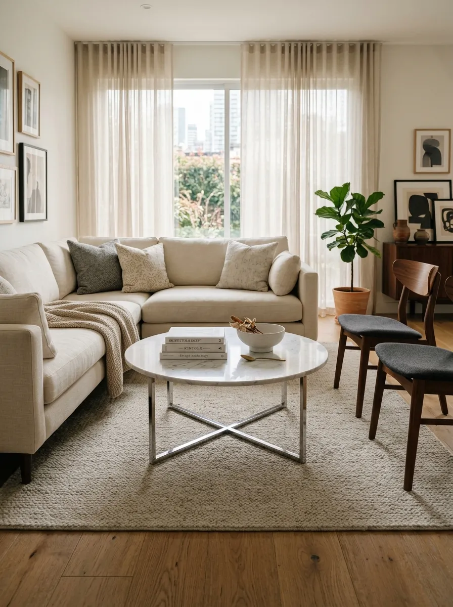 17 Postmodern Chrome Home Decor Ideas Bringing Retro Futuristic Style Back Into Modern Interiors 12 Round white marble top coffee table with polished chrome sculptural base surrounded by cream linen sofa and walnut chairs in a sophisticated living room