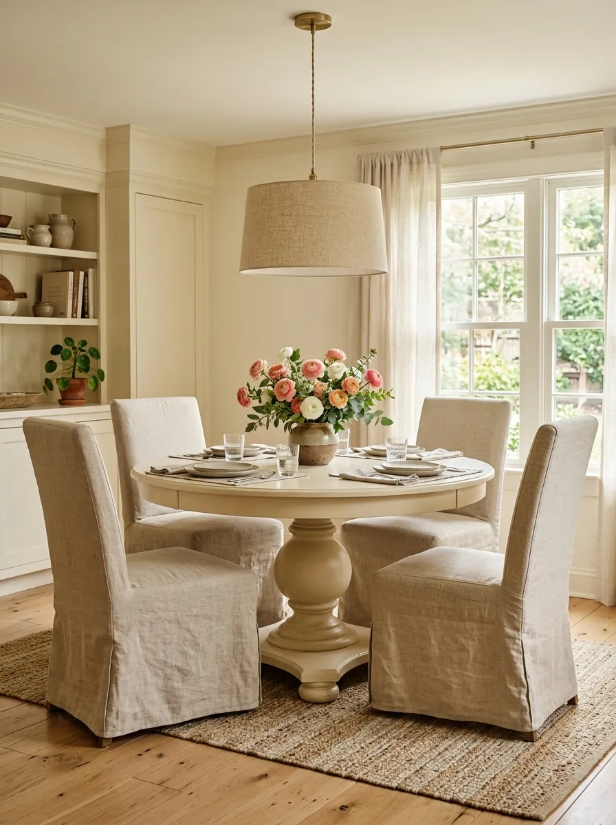 Cream round pedestal dining table with linen chairs and pendant light in a cozy Nancy Meyers dining room style