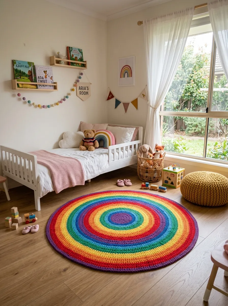 A large round rainbow crochet rug centered on light wood flooring in a bright, cheerful toddler girl bedroom with white walls and shelves
