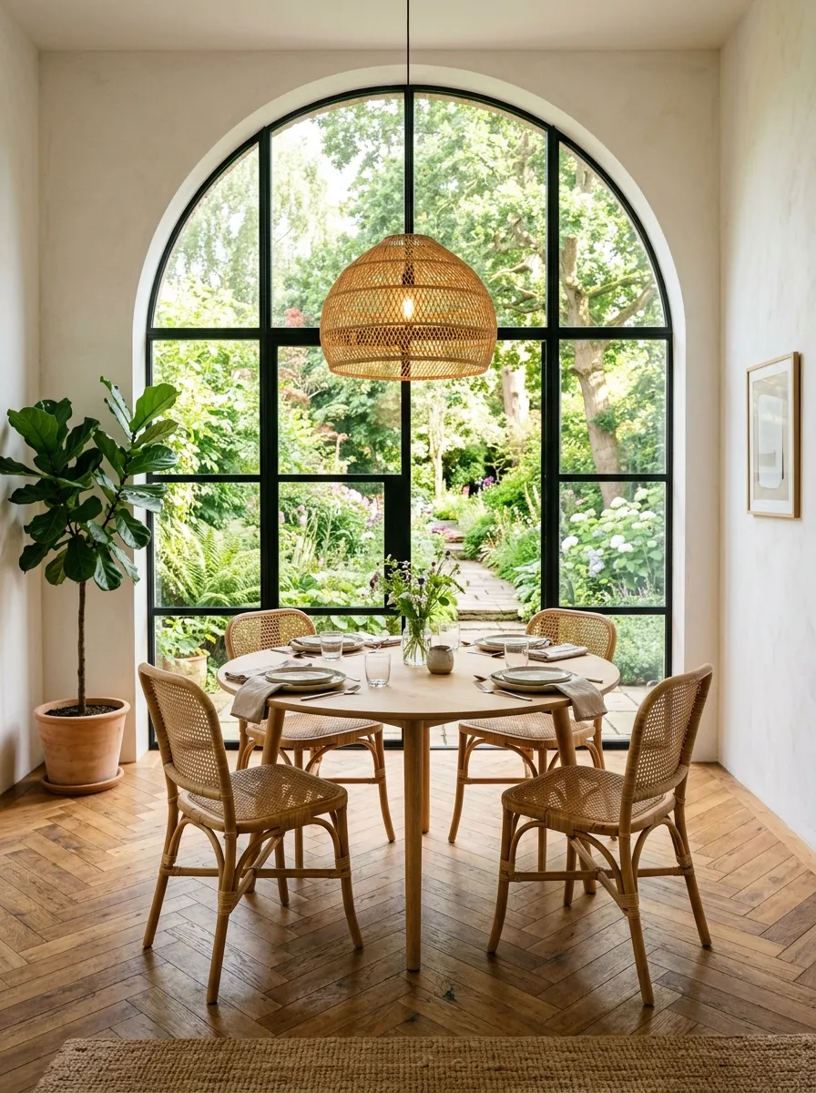 A bright dining room with an arched floor to ceiling window, round light wood table, rattan chairs, and herringbone oak floors