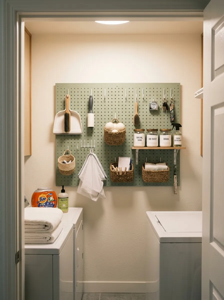 15 Laundry Closet Ideas That Use Thoughtful Design to Solve Everyday Organization and Storage Problems 13 Laundry closet back wall with sage green pegboard holding wire hooks, woven baskets, mesh bags, and glass jars