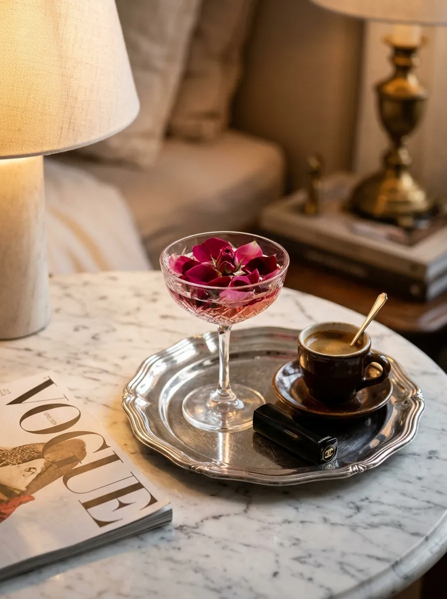 17 Postmodern Chrome Home Decor Ideas Bringing Retro Futuristic Style Back Into Modern Interiors 7 Scalloped chrome silver tray on marble surface holding coupe glass with rose petals, lipstick, magazine, and espresso cup in warm lamplight