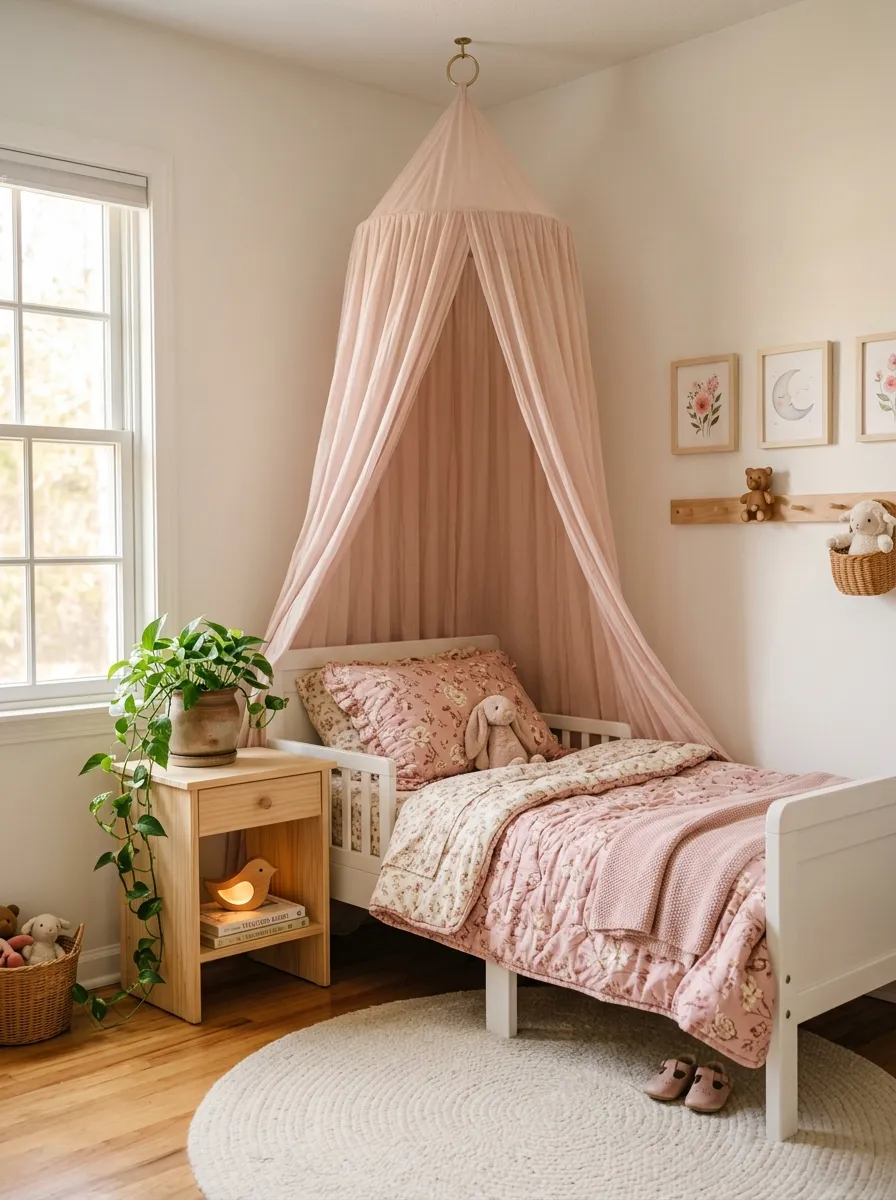 A soft canopy draped over a white low bed frame in a cozy toddler girl bedroom with blush floral bedding and warm light