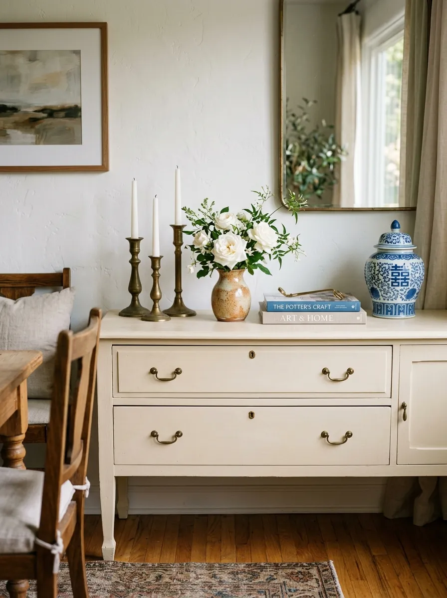 Cream painted sideboard with brass candlesticks and garden roses in a Nancy Meyers dining room home decor style