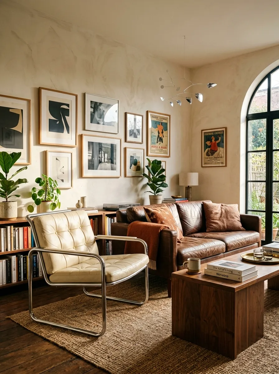 17 Postmodern Chrome Home Decor Ideas Bringing Retro Futuristic Style Back Into Modern Interiors 9 Chrome tubular accent chair with tufted cream leather seat beside walnut side table in a warm eclectic living room with leather sofa