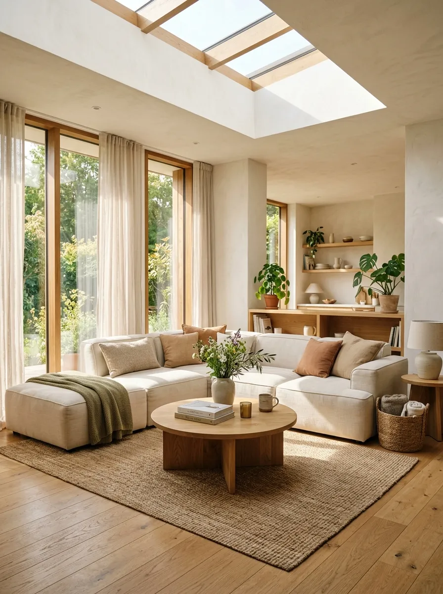 A sunlit adaptive lounge with an overhead skylight, low modular cream sofa, sheer linen curtains, and a round oak coffee table