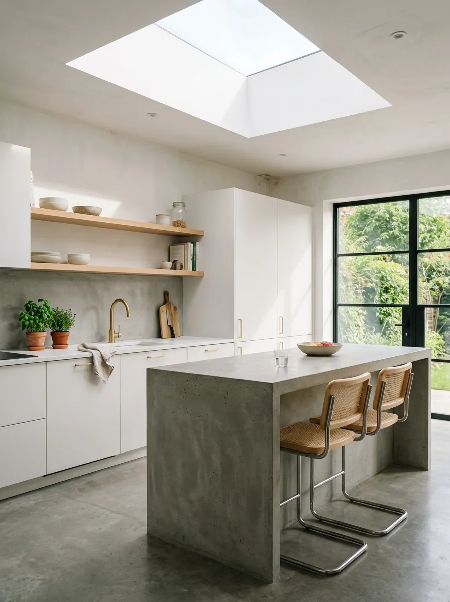 A minimalist kitchen with a large ceiling skylight, matte white cabinetry, concrete island, and brass tapware in natural daylight