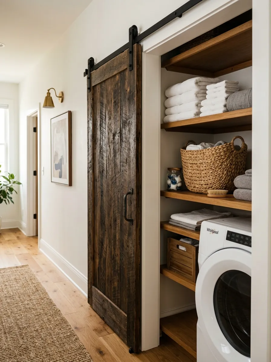 15 Laundry Closet Ideas That Use Thoughtful Design to Solve Everyday Organization and Storage Problems 5 Hallway laundry closet with sliding barn door partially open showing organized shelves and folded towels