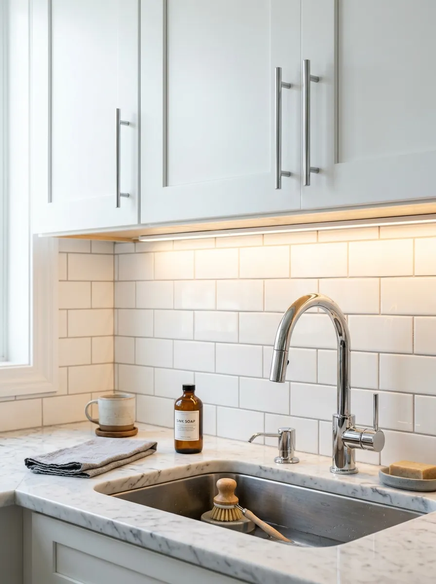 17 Postmodern Chrome Home Decor Ideas Bringing Retro Futuristic Style Back Into Modern Interiors 11 Close up of slim polished chrome bar handles on white shaker kitchen cabinets with marble countertop and chrome faucet in a clean minimal kitchen