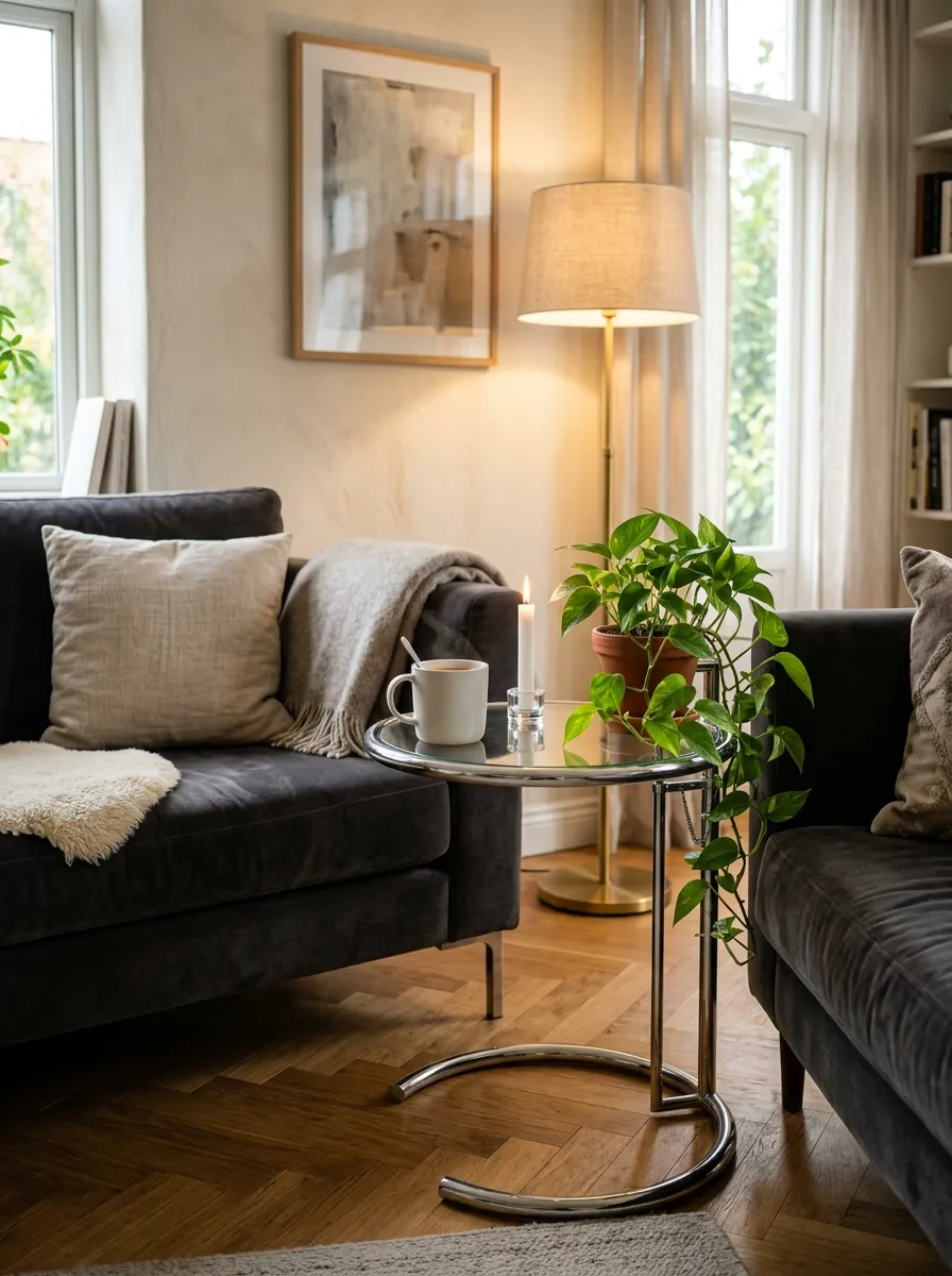 17 Postmodern Chrome Home Decor Ideas Bringing Retro Futuristic Style Back Into Modern Interiors 17 Slim chrome side table with circular glass top beside charcoal velvet sofa styled with ceramic mug, white candle, and trailing pothos plant
