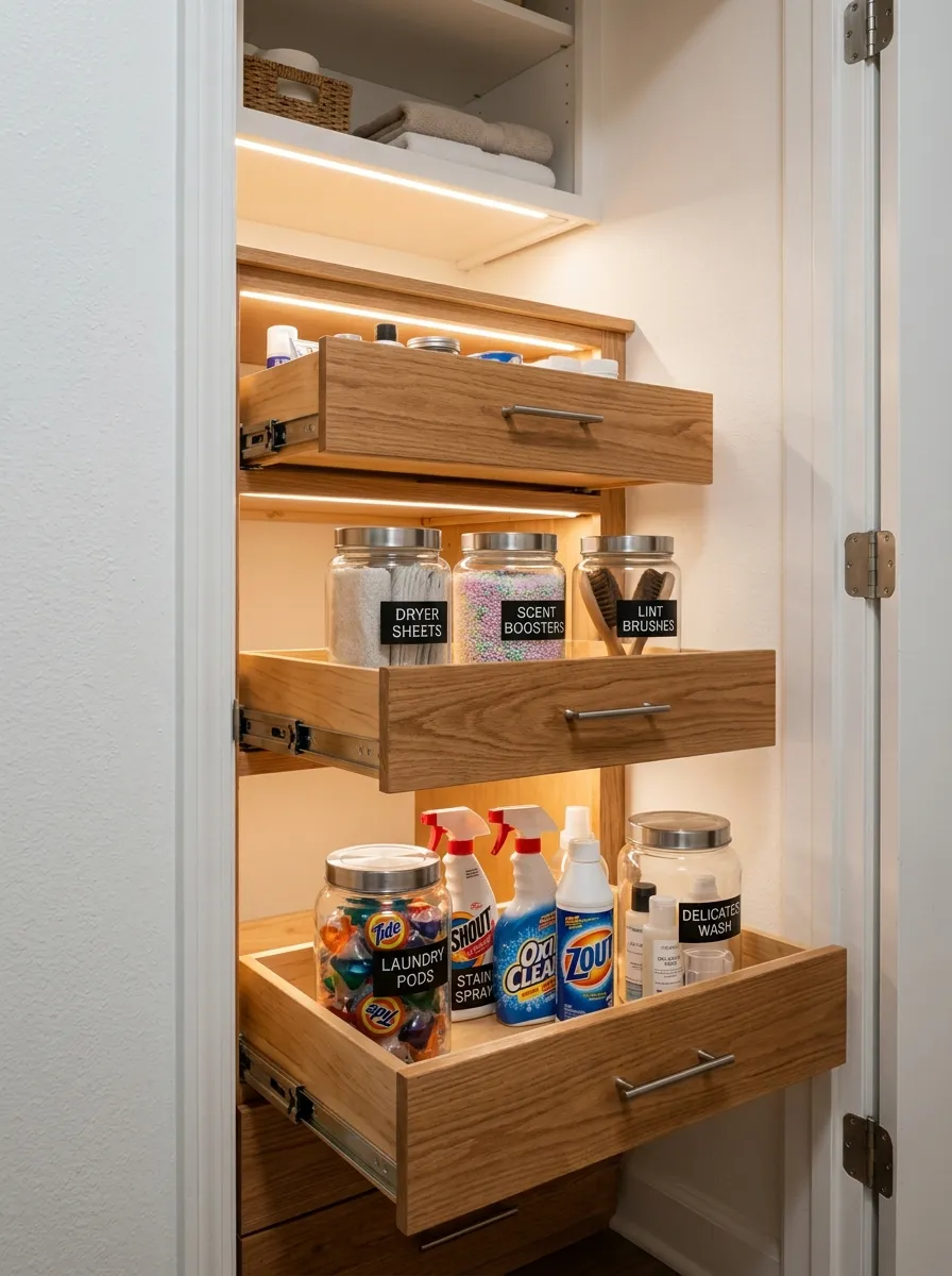 15 Laundry Closet Ideas That Use Thoughtful Design to Solve Everyday Organization and Storage Problems 1 Open pull out drawers inside a laundry closet holding labeled glass jars and organized laundry supplies