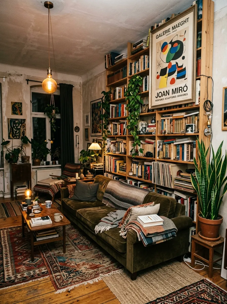 19 Grunge Apartment Ideas That Follow Quiet Design Rules for a Cool, Moody, and Authentic Space 15 Small grunge apartment with tall stacked shelves, low profile sofa, layered rugs, and tall snake plant in the corner