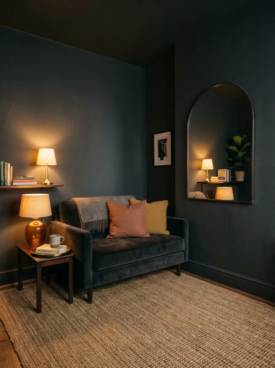 23 Moody Living Room Ideas Using Contrast, Warm Lighting, and Layered Texture for a Cozy Atmosphere 23 Small moody living room with unified charcoal walls, low sofa, large jute rug, and arched mirror reflecting warm lamp