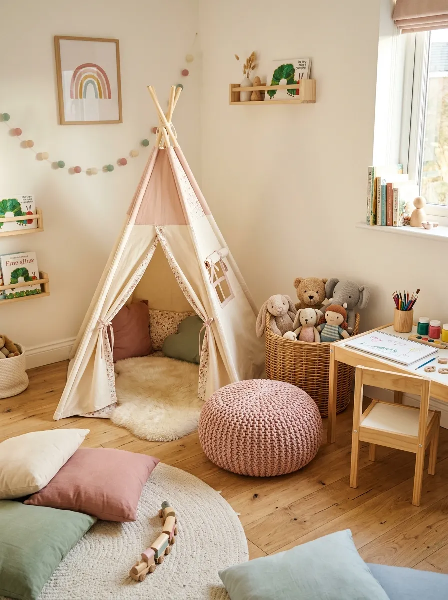 A cream and blush teepee tent with a knit pouf and toy basket in the play corner of a warm and personal toddler girl bedroom