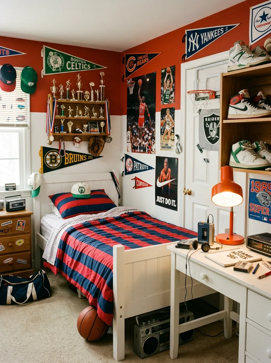 17 80s Bedroom Ideas That Balance Bold Nostalgia, Playful Color, and Modern Design Without Chaos 10 Red and white sports memorabilia retro bedroom with pennants, trophy shelf, and sneaker wall display in an energetic eighties style