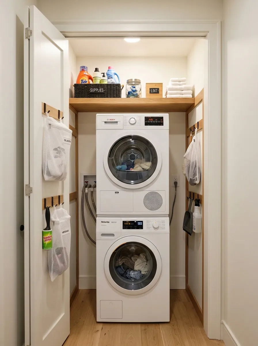 15 Laundry Closet Ideas That Use Thoughtful Design to Solve Everyday Organization and Storage Problems 3 Small laundry closet with stacked washer and dryer and narrow side wall hooks holding mesh bags and supplies
