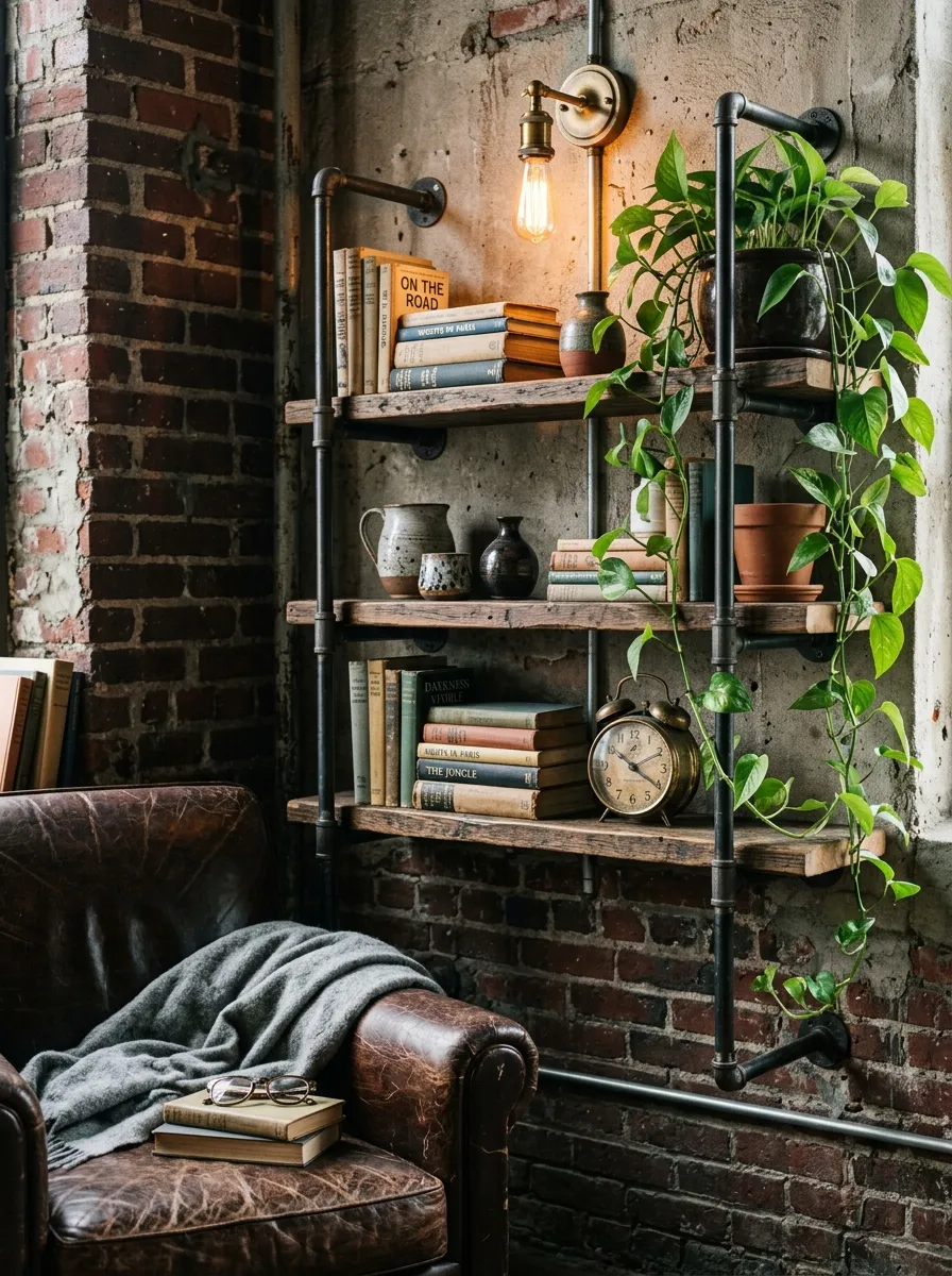 19 Grunge Apartment Ideas That Follow Quiet Design Rules for a Cool, Moody, and Authentic Space 10 Raw steel pipe shelving with books and plants in a grunge apartment with Edison sconce and worn leather armchair