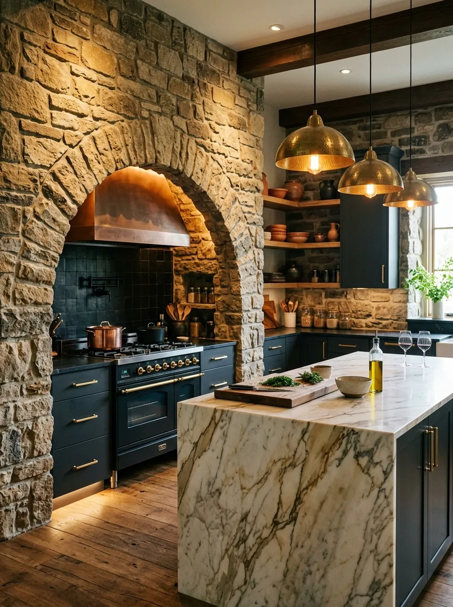 A dramatic kitchen with a curved stone arch over the range, charcoal matte cabinetry, marble island, and brushed gold hardware