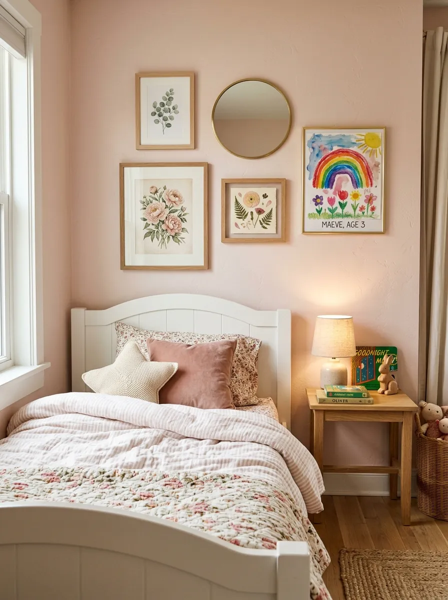A personal gallery wall mixing botanical prints, a child's framed artwork, and a round mirror above a white bed in a warm girl toddler bedroom ideas setup