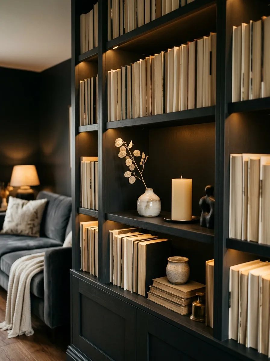 23 Moody Living Room Ideas Using Contrast, Warm Lighting, and Layered Texture for a Cozy Atmosphere 16 Dark bookcase with backward facing books and ceramic objects in a moody living room with amber shelf lighting