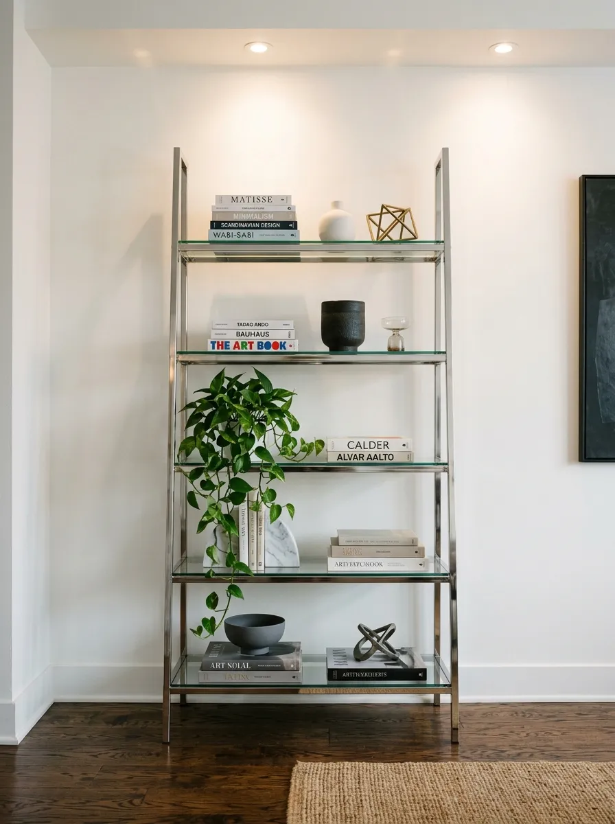 17 Postmodern Chrome Home Decor Ideas Bringing Retro Futuristic Style Back Into Modern Interiors 5 Tall chrome ladder etagere with four glass shelves holding art books, ceramics, and trailing plant in a refined living room