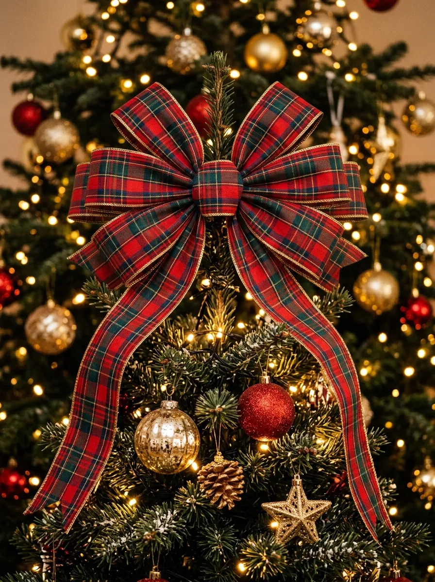 Large wired tartan Christmas ideas bow as tree topper in red green and navy plaid sitting at the top of a decorated Christmas tree