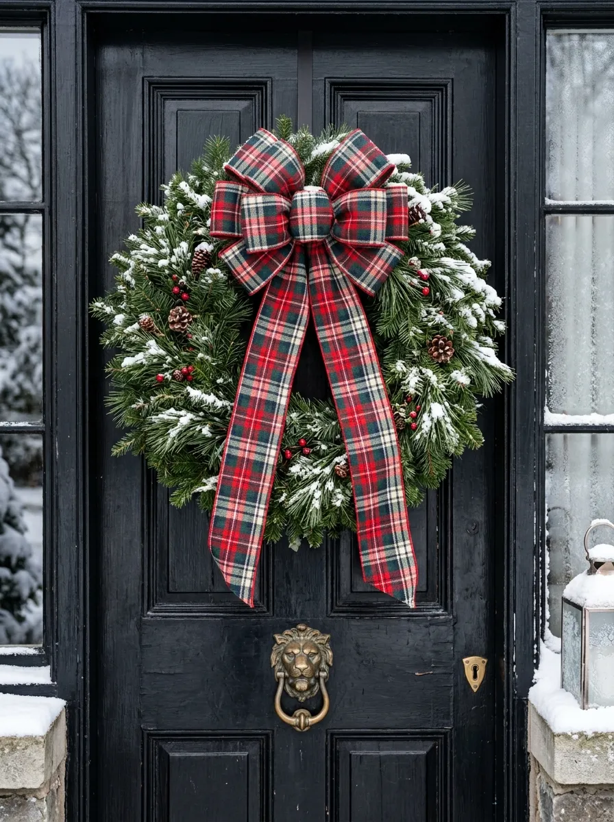 Large pine Christmas wreath with wide tartan Christmas plaid home styling bow tied at the top hanging on a black front door