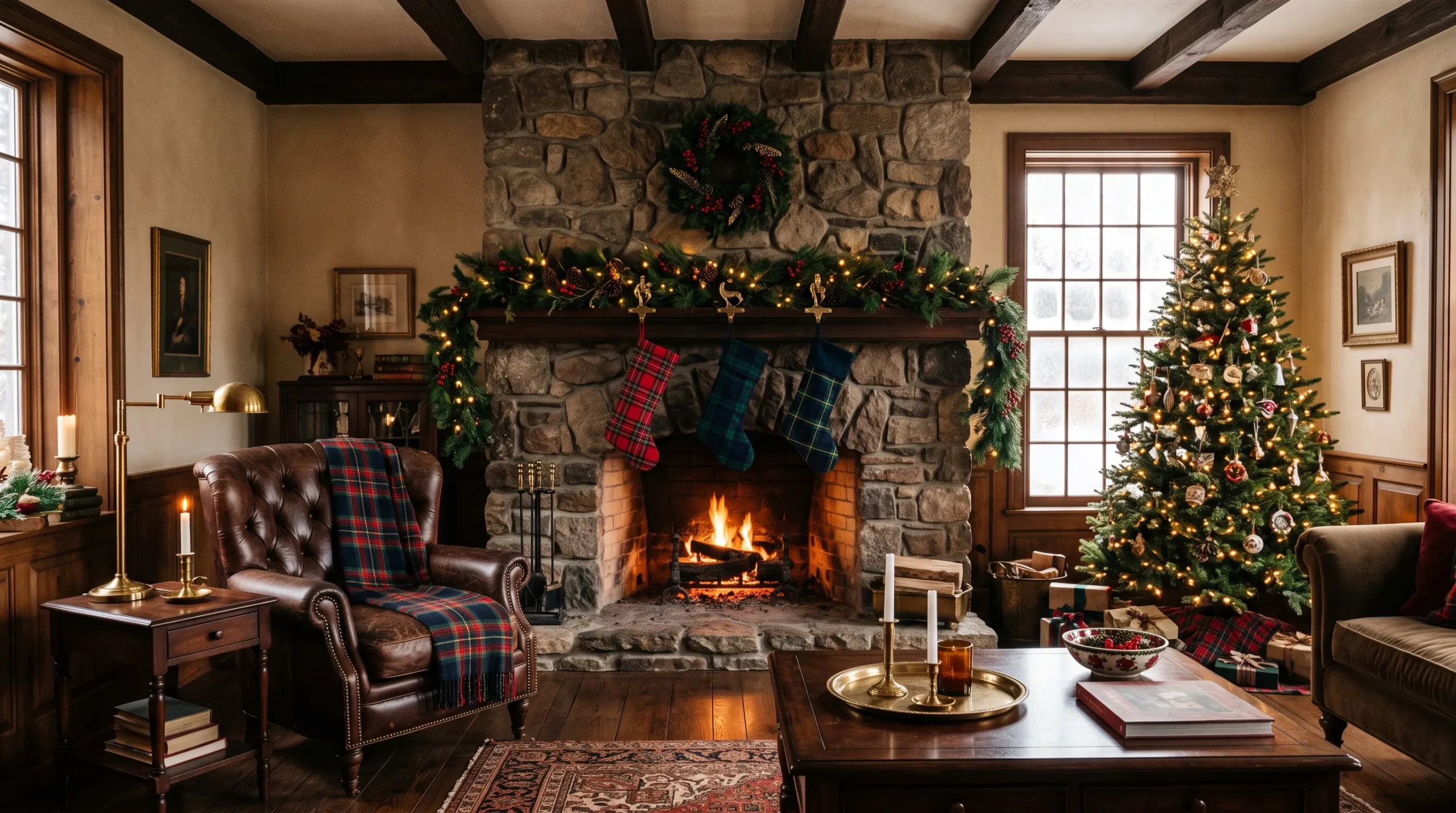 Cozy traditional living room styled with tartan Christmas decor including plaid stockings, throw, and garland on a stone fireplace