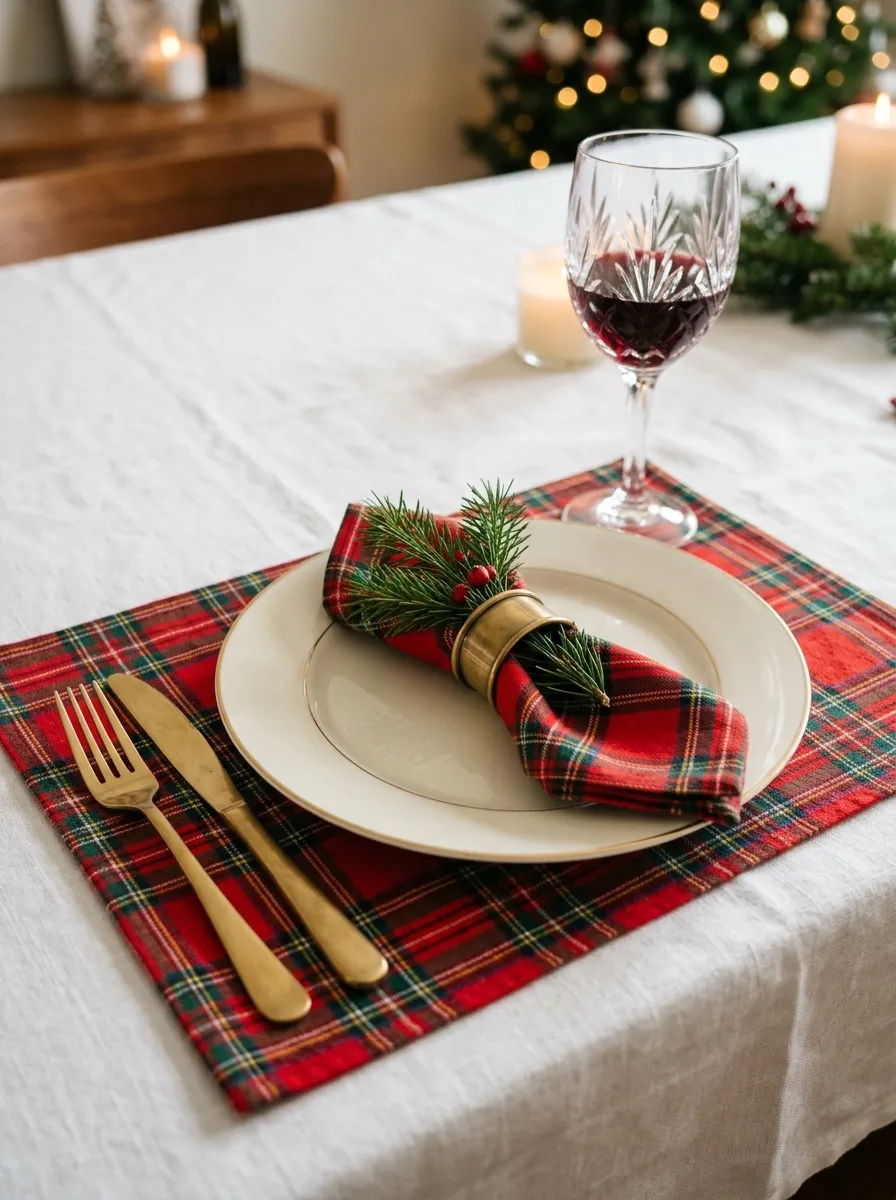 Holiday place setting with tartan plaid holiday decorating placemat and brass napkin ring on a white Christmas dinner table
