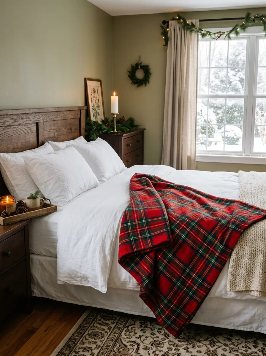 King size bed with a red and green tartan Christmas decor quilt draped over white bedding with pinecones on the nightstand beside it