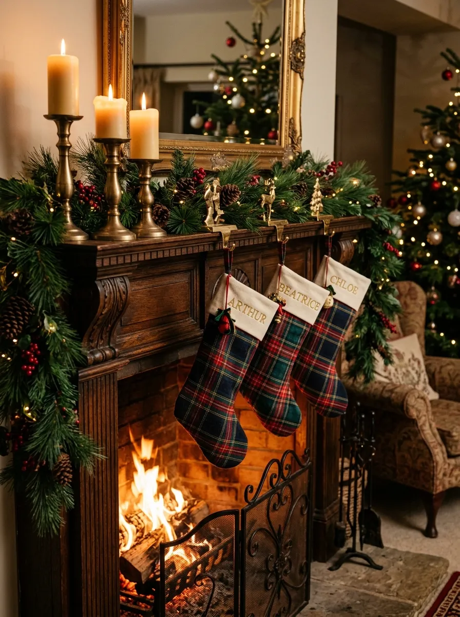 Three matching tartan plaid holiday decorating stockings hanging from brass hooks on a dark wood Christmas fireplace mantel