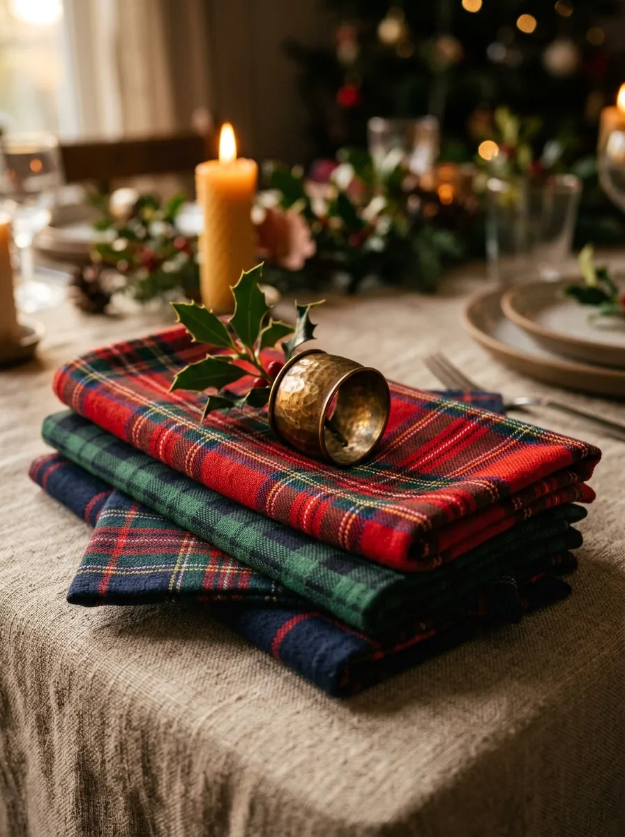 Stack of folded red and green tartan Christmas ideas cloth napkins with a brass ring and holly sprig on a holiday dining table
