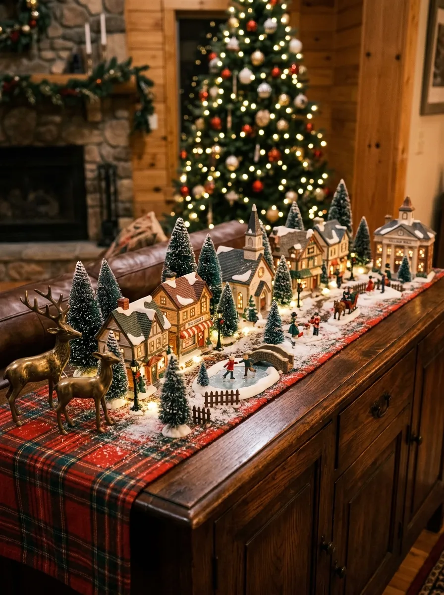 Dark wood sideboard with a red and green tartan Christmas decor fabric base holding a ceramic Christmas village display with fairy lights glowing beneath