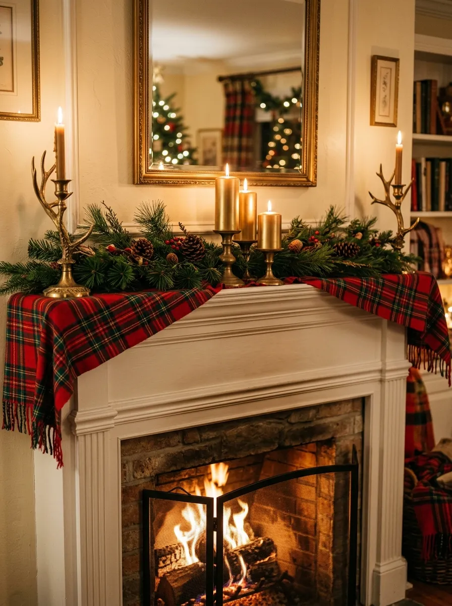 White painted fireplace mantel with red and green tartan plaid holiday decorating fabric draped across the shelf under pine garland and brass candles