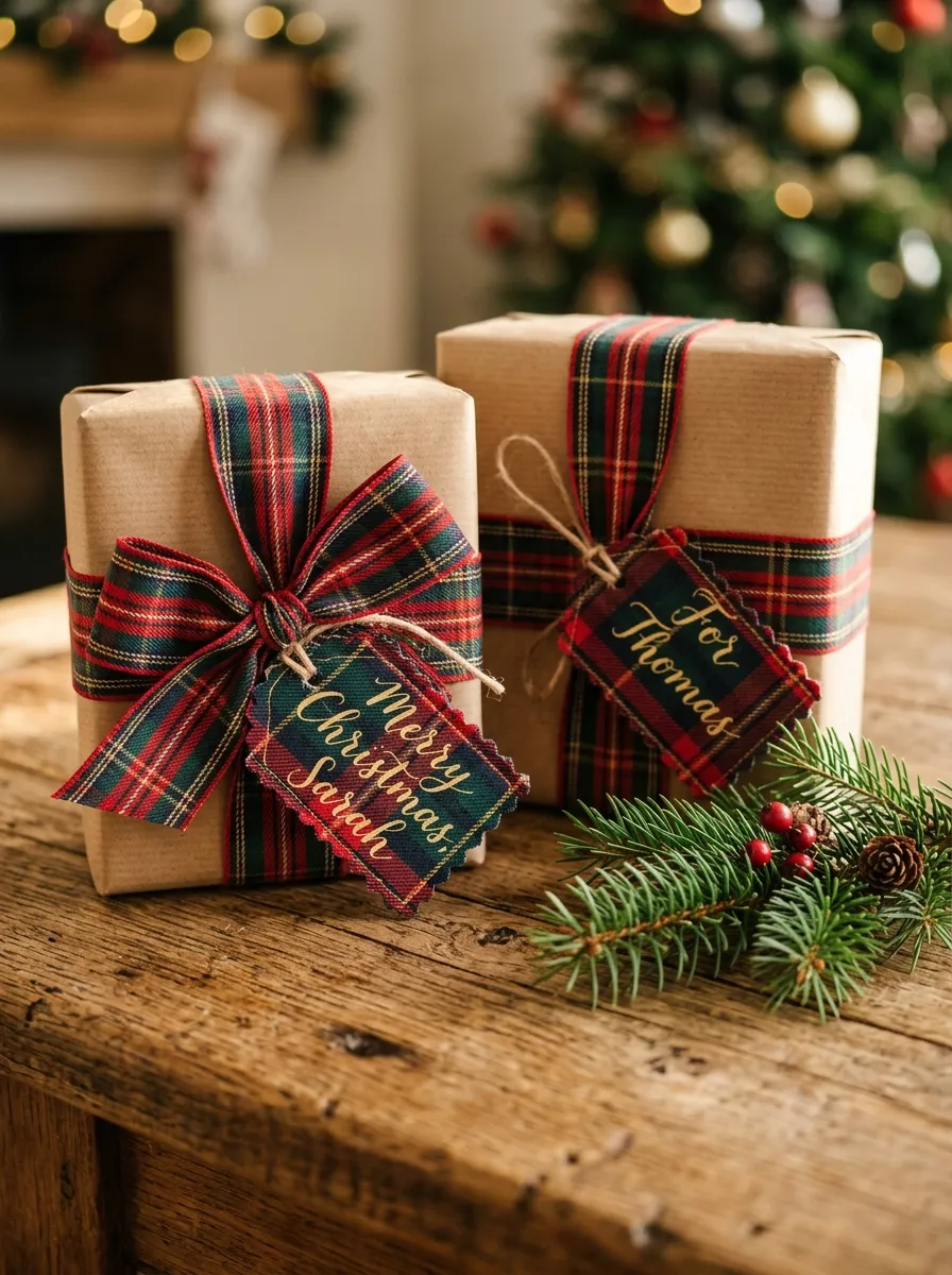 Close up of Christmas gifts wrapped in kraft paper tied with tartan plaid holiday decorating ribbon and handmade plaid fabric gift tags with gold lettering