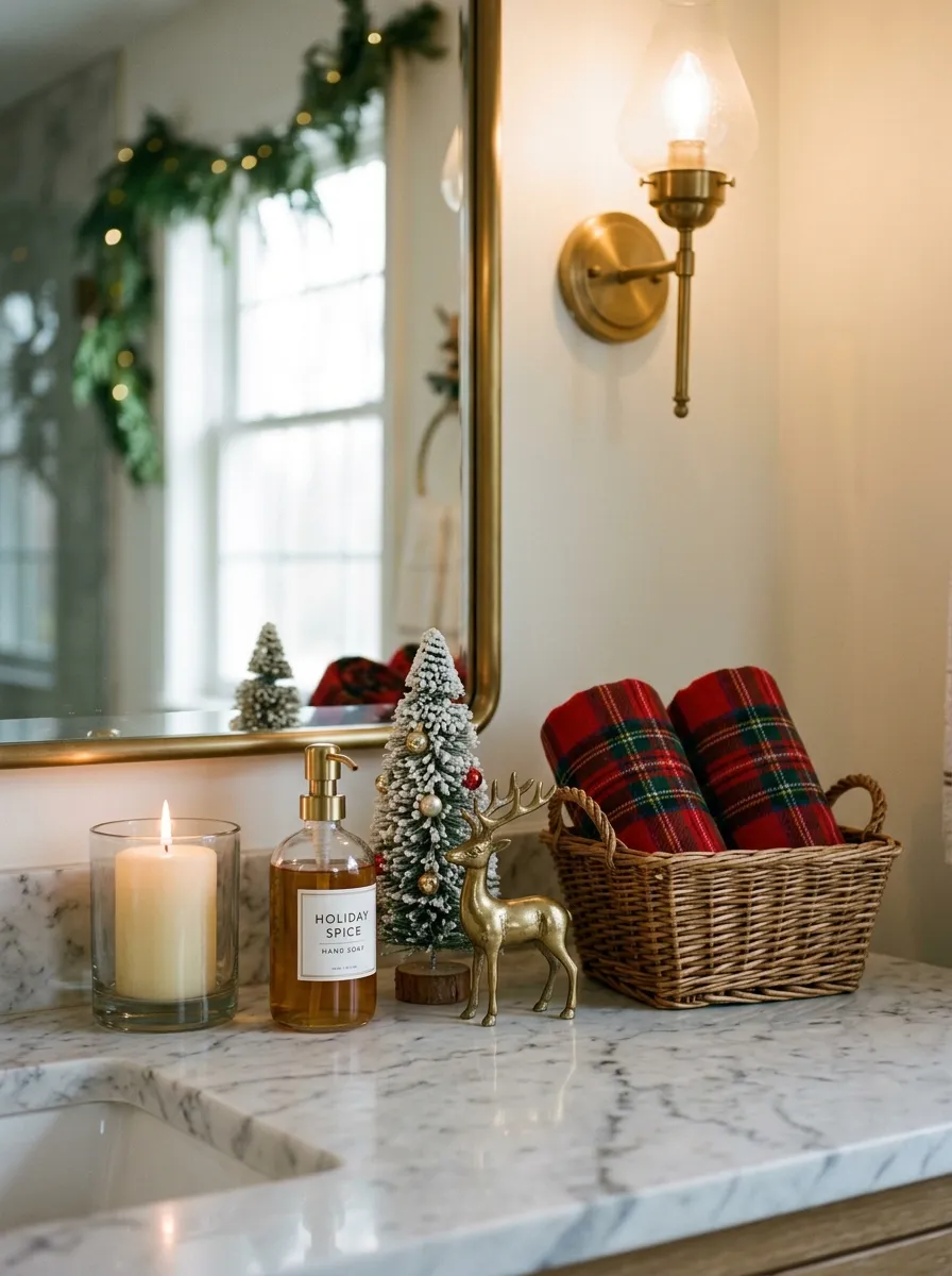 Marble bathroom counter with rolled tartan plaid holiday decorating hand towels in a wicker basket and a flocked bottle brush Christmas tree
