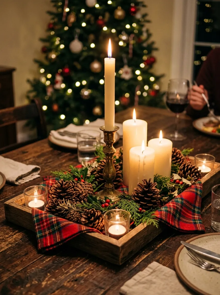 Low wooden tray lined with tartan Christmas plaid home styling cloth holding pillar candles and pine cones as a holiday centerpiece