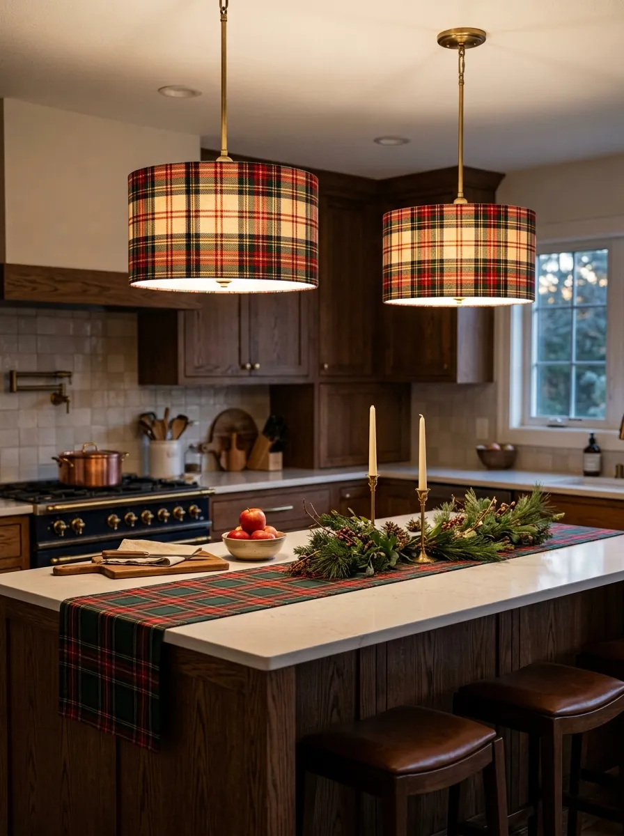 Kitchen island with two tartan plaid decor drum pendant lamp shades glowing above a Christmas styled island with pine garland