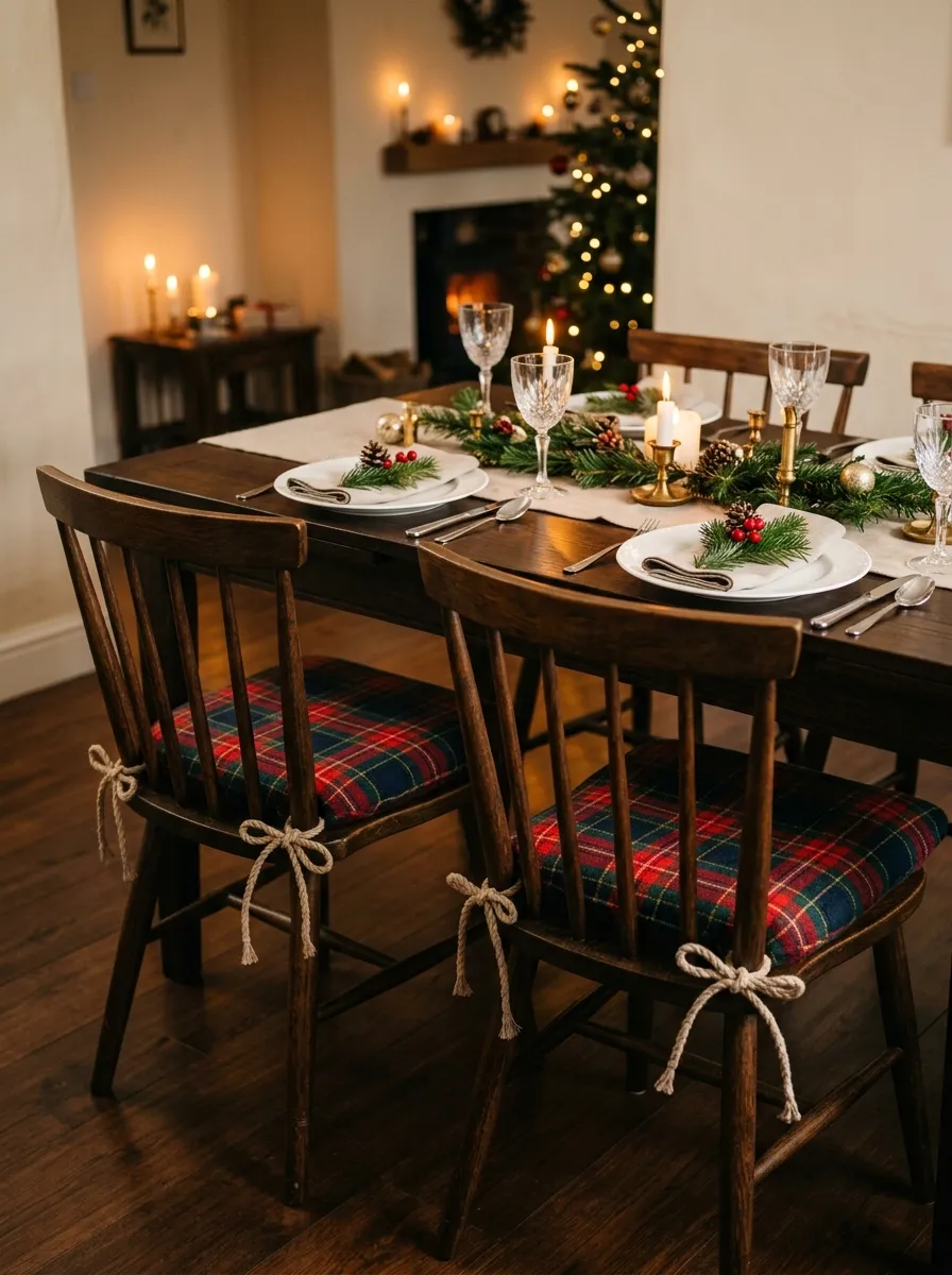 Wooden dining chairs with matching tartan Christmas plaid home styling seat cushions tied with linen cords at a holiday dinner table
