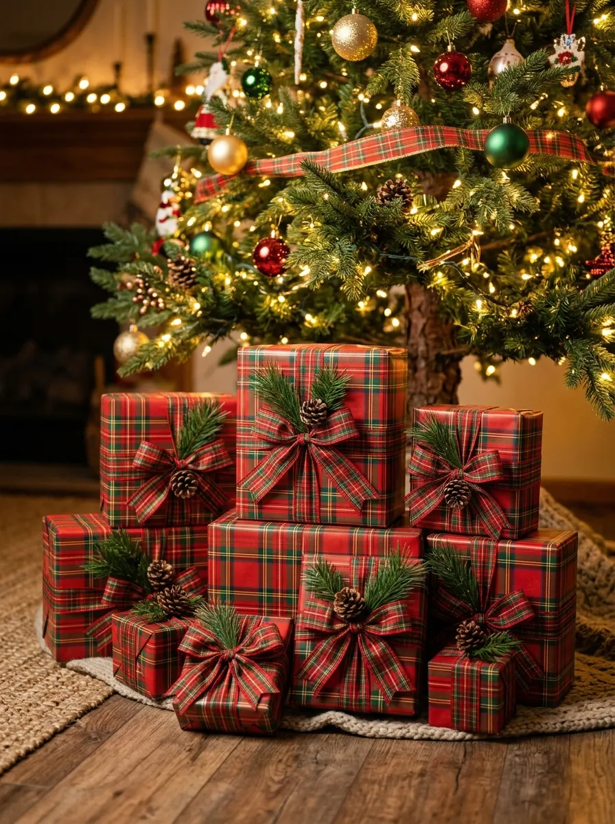 Wrapped Christmas gifts in matching tartan Christmas ideas plaid paper with pine sprigs under a decorated holiday tree
